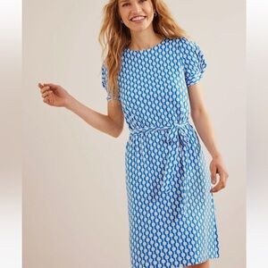 BODEN Blue White Geo Chain Print Knot Detail Short Sleeve Belted Mini